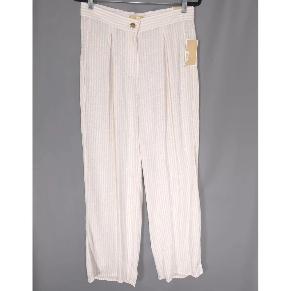 MICHAEL KORS Women 10 New Pants Pleated Wide Leg Linen Blend Sandshell Trousers
